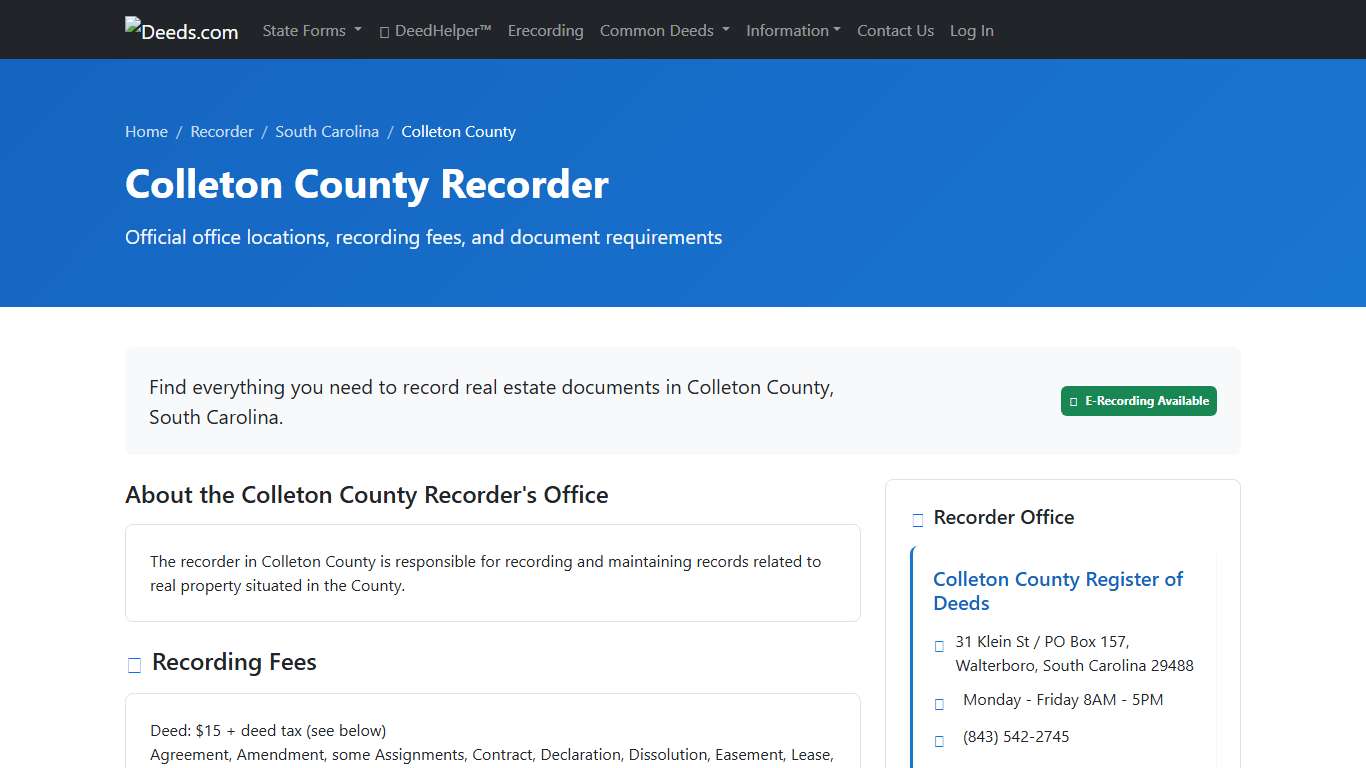 Colleton County Recorder Information, South Carolina - Deeds.com